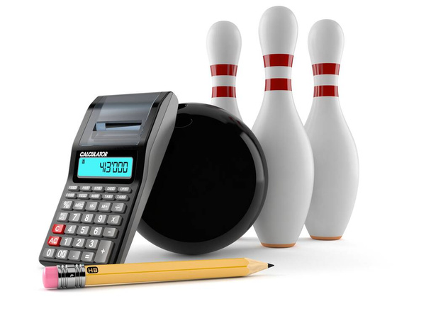 Bowlingbal en pinnen met rekenmachine en potlood - Foto, afbeelding