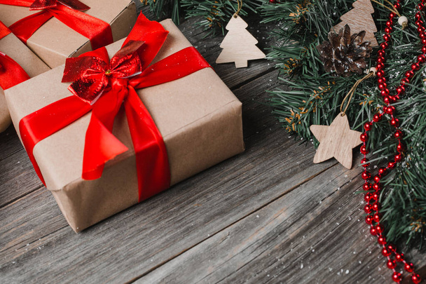 Christmas Presents Set On Rustic Wooden Surface - Foto, afbeelding