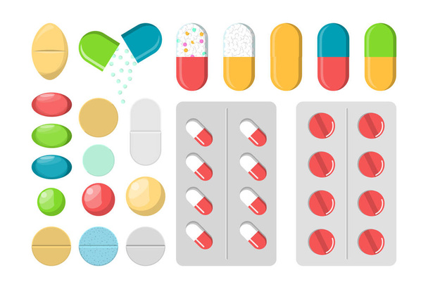 Set von Pillen Vektor isoliert. Medikamentensammlung, Vitaminkapsel - Vektor, Bild