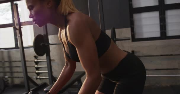 Side view close up of an athletic mixed race woman wearing sports clothes cross training at a gym doing lateral raises with dumbbells, slow motion - Materiał filmowy, wideo