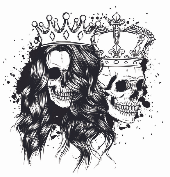 tattoo of King and queen of death. Portrait of a skull with a crown. - Vector, Image