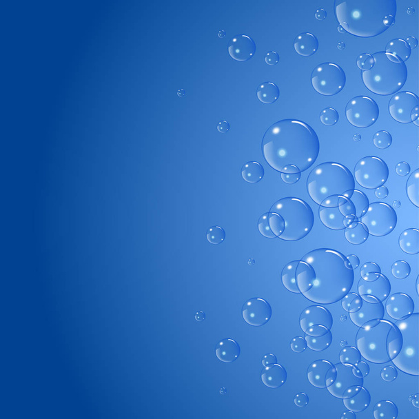 Seifenblasen Hintergrund, Vektorillustration. Set aus sauberem Wasser, Seife, Gas oder Luftblasen mit Reflexion auf blauem Hintergrund. Realistisches Unterwasser. - Vektor, Bild