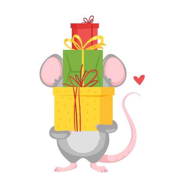 カラフルなクリスマスプレゼントを保持マウス - ベクター画像