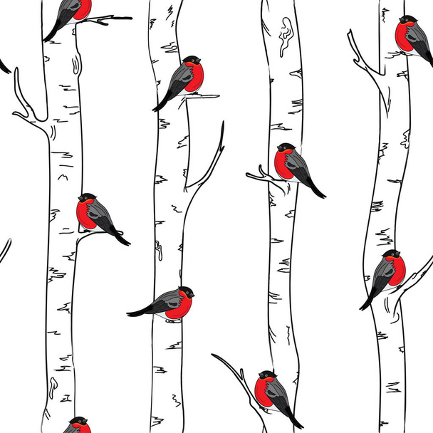 Seamless pattern with with bullfinches stinting on white birches. - Vector, Image