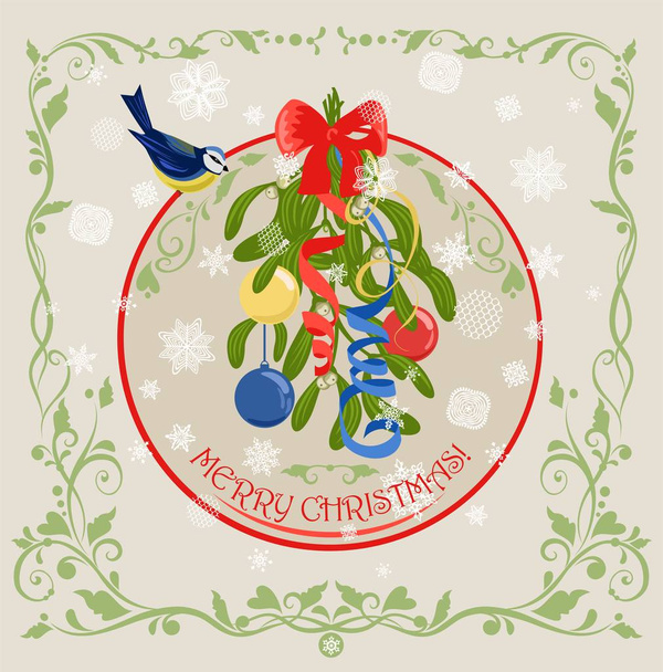  Cartão de Natal vintage com decoração pendurada com molho de visco com bagas, tit azul, arco, fita, bugigangas e flocos de neve de corte de papel
 - Vetor, Imagem