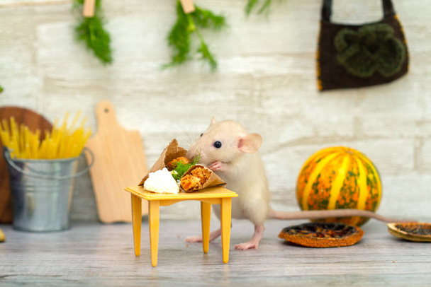 La pequeña rata blanca esponjosa es el símbolo de 2020. Una mascota se sienta en la cocina y come queso y hierbas de la mesa. Interior de juguete de cocina para un ratón
 - Foto, Imagen