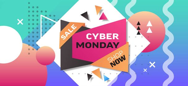 cyber monday big sale template special offer holiday shopping discount concept horizontal poster in memphis style - Вектор,изображение