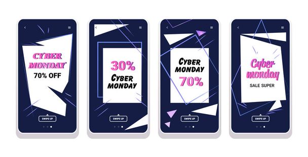big sale cyber monday stickers collection special offer promo marketing holiday shopping concept smartphone screens set online mobile app advertising campaign banners horizontal - Vektor, obrázek