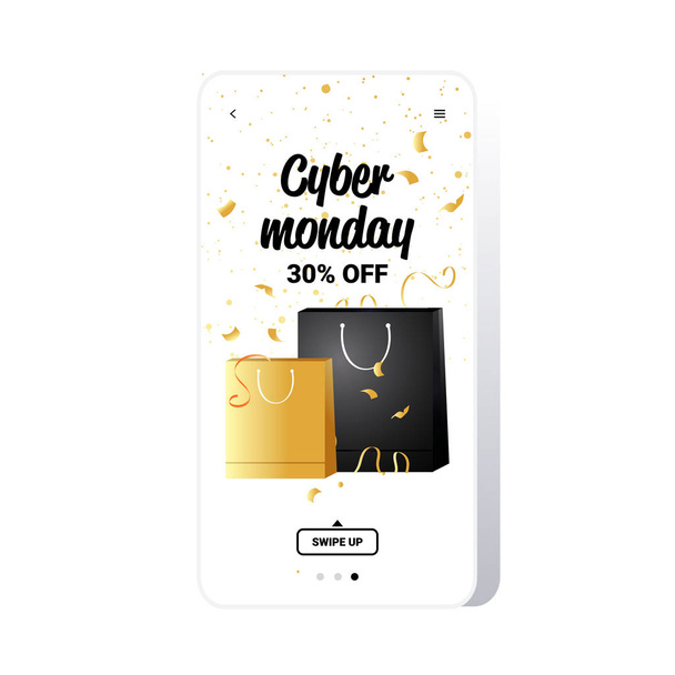 Einkaufstaschen großer Verkauf Cyber Monday Banner Sonderangebot Promo Marketing Urlaub Shopping Konzept Smartphone Bildschirm Online Mobile App Werbekampagne - Vektor, Bild