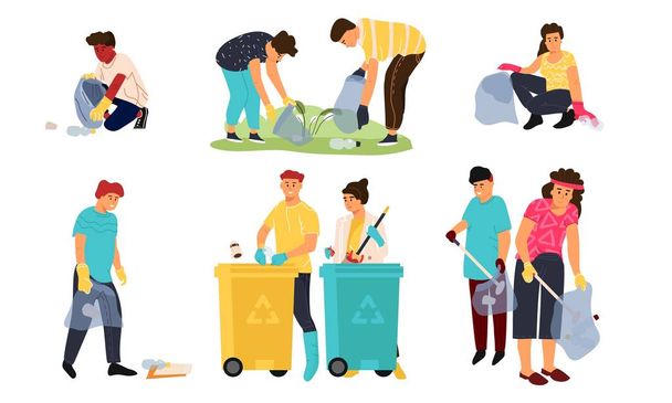 Recycling characters. Cartoon men women and children collecting garbage in containers for sorting and recycling. Vector scene set - Wektor, obraz