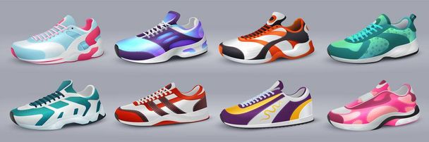 Zapatillas realistas. Varios zapatos para entrenamiento y recreación deportiva, calzado de diferentes colores. conjunto de zapatos deportivos de moda vectorial
 - Vector, Imagen