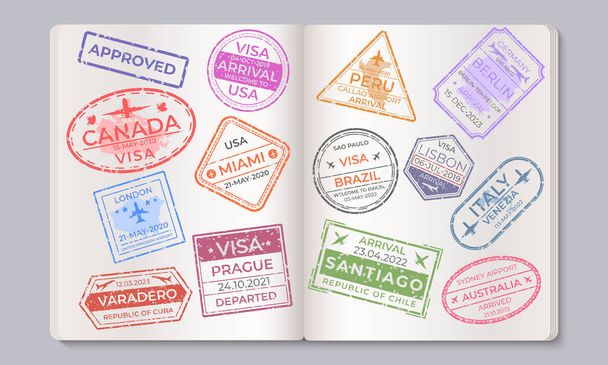 Passport stamps. Travel and immigration marks collection, arrival and departure airport stamps. Vector countries signs in passport - Vektori, kuva
