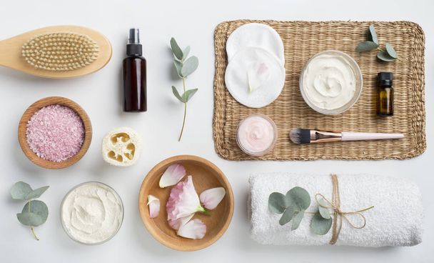 Spa accessories and natural skin care cosmetics on white - Photo, Image