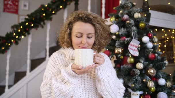 Christmas, Holidays And People Concept - Happy Young Woman With Cup of Hot Chocolate At Home. - Metraje, vídeo