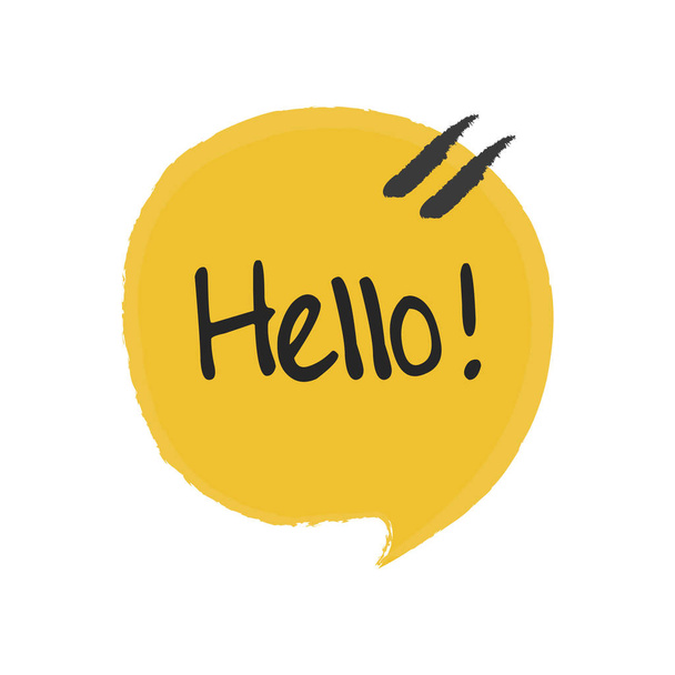 Bonjour lettrage main. Fun doodle style titre calligraphique en bulle de parole jaune
 - Vecteur, image