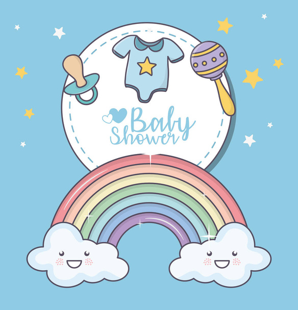 baby shower rainbow cloud cartoon rattle pacifier clothes - Vektor, obrázek