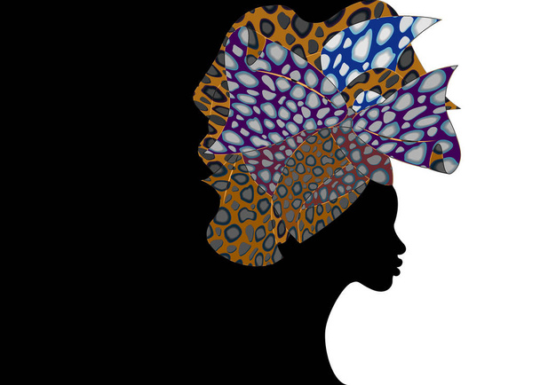 Porträt schöne Afro-Frau. Shenbolen Ankara Kopfbedeckung Frauen afrikanisches traditionelles Kopftuch Turban. Kente Kopf wickelt afrikanisches Stammesstoff-Design. Vector Icon Logo Vorlage Broschüre Hintergrund - Vektor, Bild
