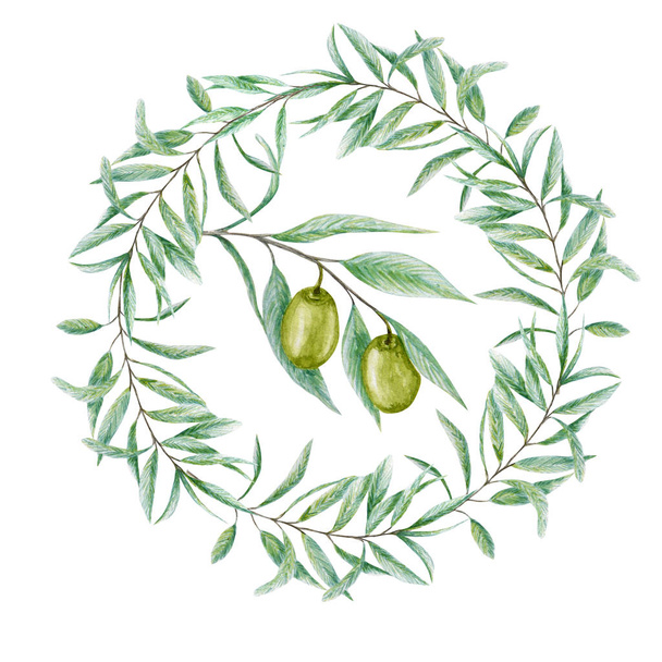 水彩グリーンのオリーブの木の枝が花輪を残し、白い背景にリアルなオリーブのイラスト、手描きのフレーム。招待状、ポスター、グリーティングカード、ラベルコンセプトのための独立したボーダーデザイン. - 写真・画像