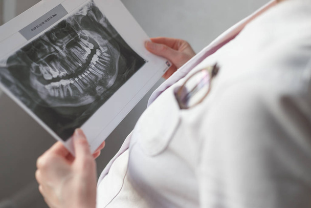 Dentiste féminine regardant l'image de rayons X
. - Photo, image
