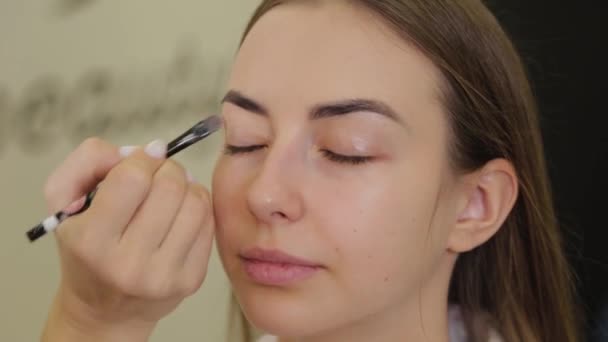 Professional eye makeup. Stylist makeup artist applies makeup to a young woman with a special brush in a beauty salon. - Materiaali, video