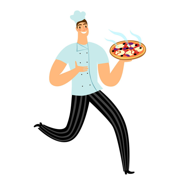Γελοιογραφία επικεφαλής τρέχει με τηγάνι και ζεστό κρέας.  - Διάνυσμα, εικόνα