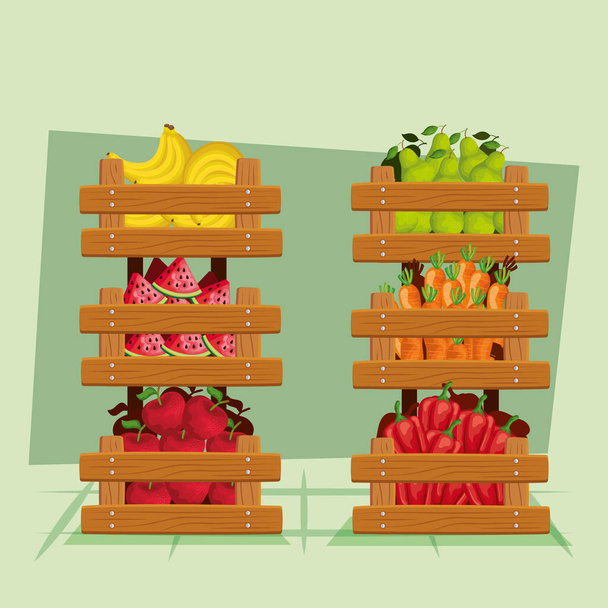 Fruits and vegetables inside wood furniture vector design - Вектор, зображення