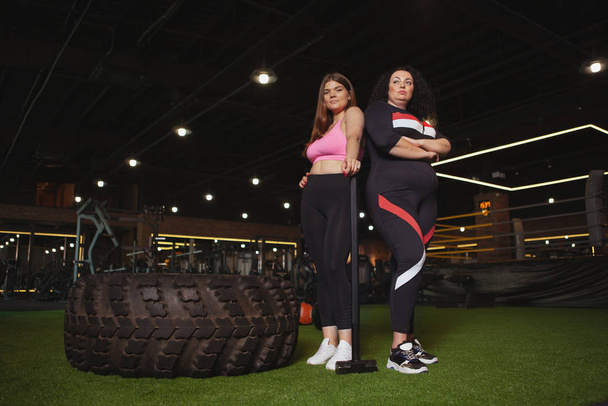 Beautiful plus size sportswomen exercising at the gym together - Фото, зображення