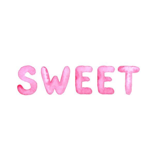Aquarell rosa Schriftzug "süß" isoliert auf weißem Hintergrund. - Foto, Bild