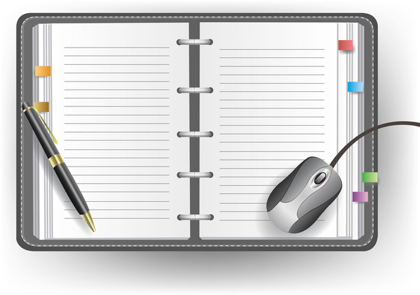 Office diary with line, ballpoint pen, and mouse - Vector, Image