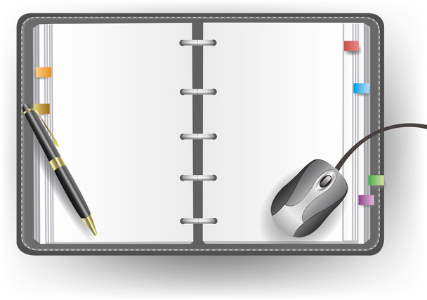 Office diary with no line, ballpoint pen, and mouse - Vector, Image