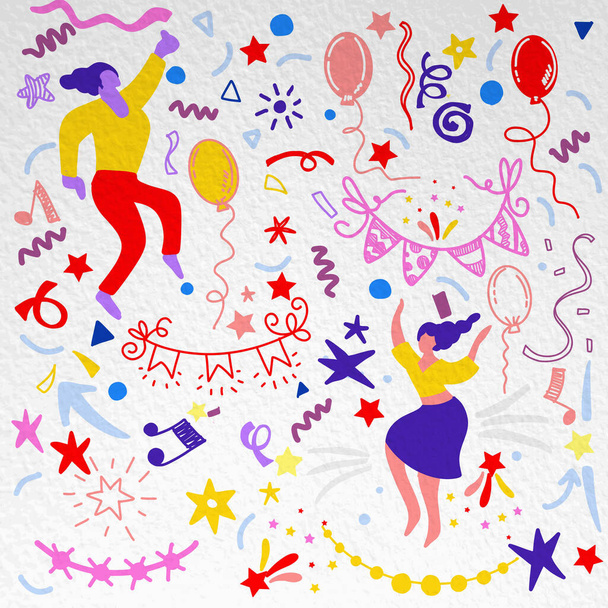 Fondo de fiesta garabato dibujado a mano con globos de aire, fuegos artificiales
, - Vector, imagen