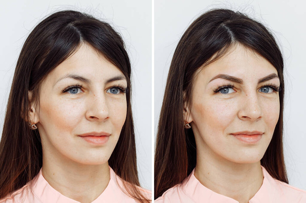 Photo comparison before and after permanent makeup, tattooing of eyebrows - Photo, Image