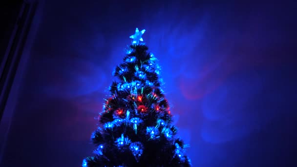 mooie kerstboom in de kamer, versierd met een lichtgevende bloemenslinger en een ster. vakantie voor kinderen en volwassenen. Nieuwjaar 2020 stemming. Kerstboom, fijne feestdagen. Kerst interieur. - Video