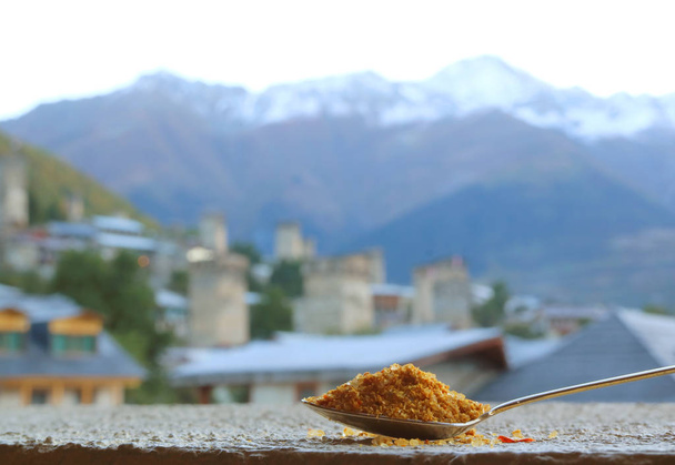 Κοντινό πλάνο ένα κουτάλι του Γεωργιανού Svan Salt με Θολή Καύκασο Βουνό και Mestia πόλη στο Backdrop - Φωτογραφία, εικόνα