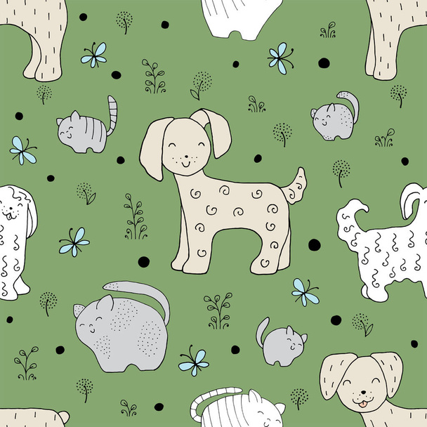 Seamless texture with funny dogs and hand drawn elements. - Vector, Image
