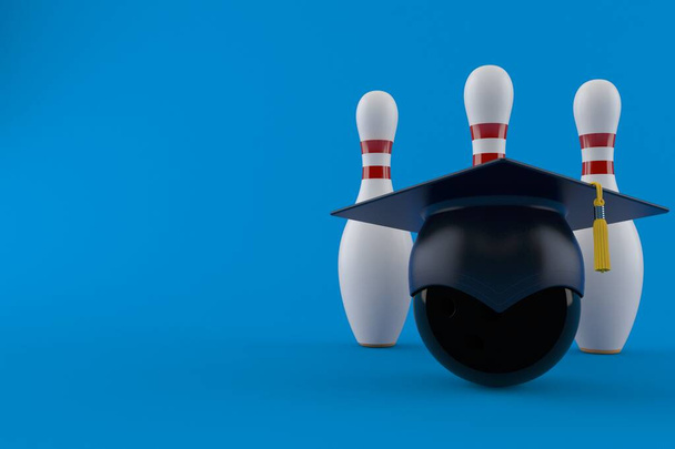 Bowlingball und Pins mit Mortarboard - Foto, Bild