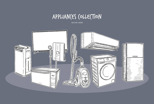 Home appliances. Set of household kitchen technics, hand draw sk - Vector, Image