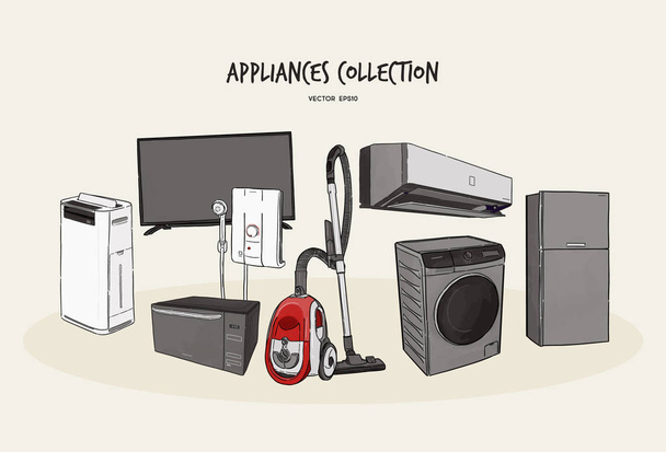 Home appliances. Set of household kitchen technics, hand draw sk - Vetor, Imagem