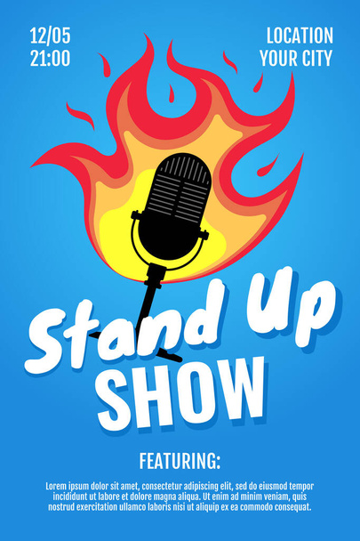 Stand Up Comedy Night Live-Show a3 a4 Plakatentwurf Vorlage. Stehmikrofon mit Feuer auf blauem Hintergrund. heiße Witze braten Konzeptflyer. Vektor open mic event illustration - Vektor, Bild