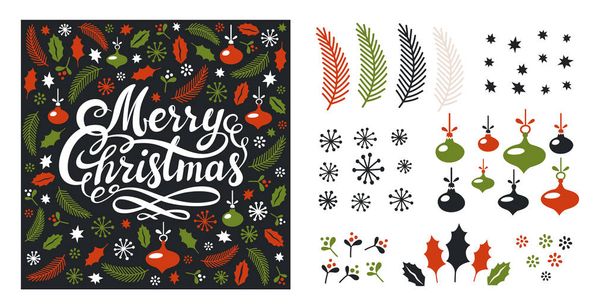 Σύνολο χριστουγεννιάτικων στοιχείων. Ευχετήρια κάρτα πρότυπο, Καλά Χριστούγεννα γράμματα, κλαδιά ελάτης, φύλλα, νιφάδες χιονιού, μπάλες σε λευκό φόντο. Επίπεδη χριστουγεννιάτικα στοιχεία. Εικονογράφηση διανύσματος. - Διάνυσμα, εικόνα