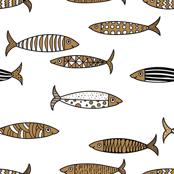 Gold cute fish.  Kids lbackground. Seamless pattern. Can be used in textile industry, paper, background, scrapbooking. - ベクター画像