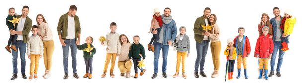 Collage with happy family in autumn clothes on white background - 写真・画像