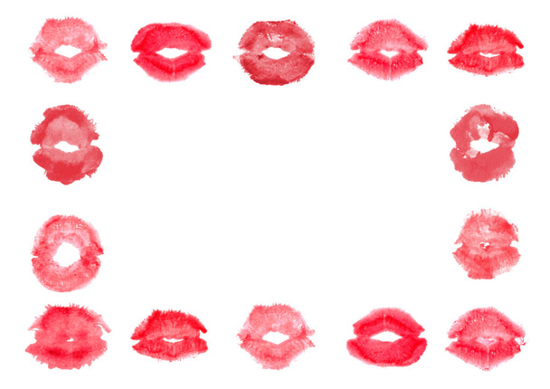 Presentazione poster cornice con spazio libero copia vuota per il testo: rossetto rosso bacio sul bianco
. - Foto, immagini