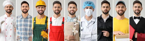 Collage with young man in uniforms of different professions  - 写真・画像