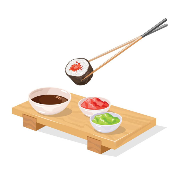 Chopsticks holding tekkamaki sushi roll under wooden japanese geta tray. - Vector, Image
