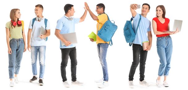 Collage with young students on white background - Photo, Image