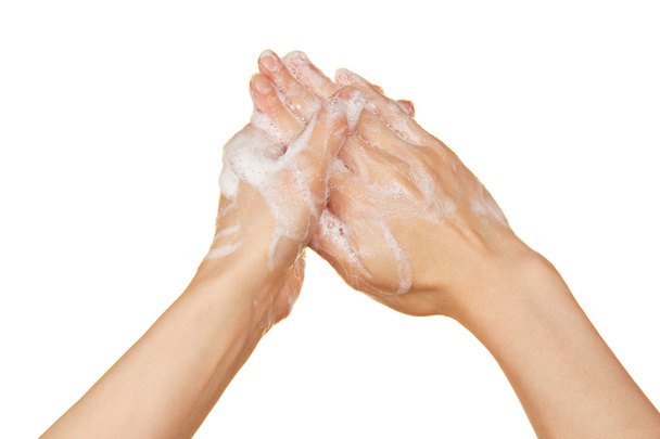 Hands and foam, isolated on white - Zdjęcie, obraz