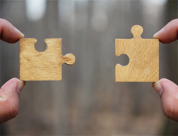 due mani persona cercando di collegare la coppia puzzle pezzo di legno con alberi di sfondo
.  - Foto, immagini