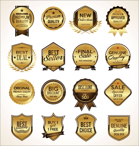 Collection of golden flat shields badges and labels retro style - Vektor, Bild