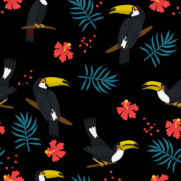 nahtloses Muster mit Tukanen, Hibiskus und Palmblättern auf schwarzem Hintergrund. Vektorgrafik. - Vektor, Bild